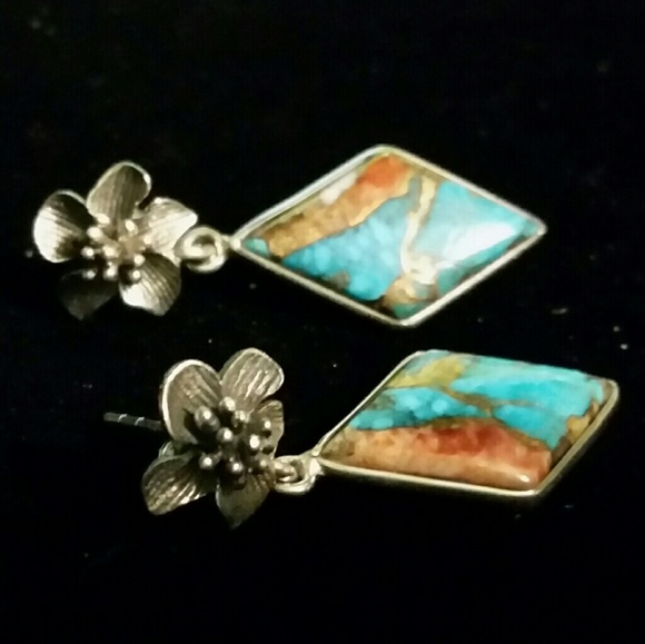 925 Spiny Oyster & Arizona Turquoise Post Earring - Picture 5 of 7